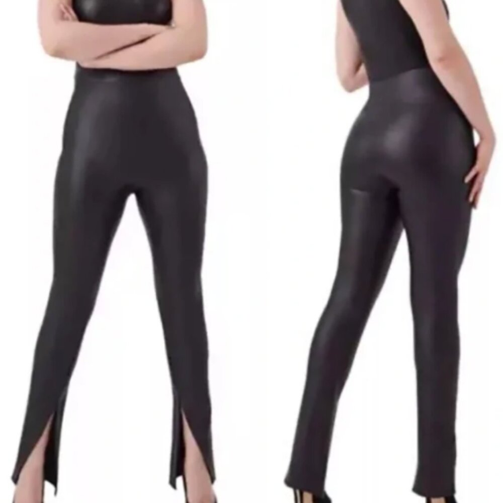 Spanx Black Faux Leather Split Hem Leggings - Size Large Petite